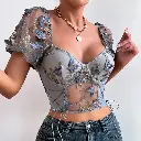 Yimunancy Puff Sleeve Crop Top Women Short Sleeve Mesh Patchwork Boho Spring Floral V Neck Tops