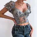 Yimunancy Puff Sleeve Crop Top Women Short Sleeve Mesh Patchwork Boho Spring Floral V Neck Tops