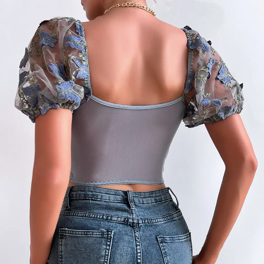 Yimunancy Puff Sleeve Crop Top Women Short Sleeve Mesh Patchwork Boho Spring Floral V Neck Tops