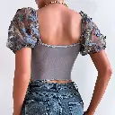 Yimunancy Puff Sleeve Crop Top Women Short Sleeve Mesh Patchwork Boho Spring Floral V Neck Tops