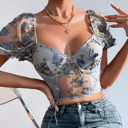 Yimunancy Puff Sleeve Crop Top Women Short Sleeve Mesh Patchwork Boho Spring Floral V Neck Tops Color: GRAY