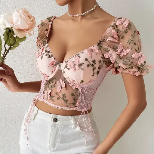Yimunancy Puff Sleeve Crop Top Women Short Sleeve Mesh Patchwork Boho Spring Floral V Neck Tops Color: pink